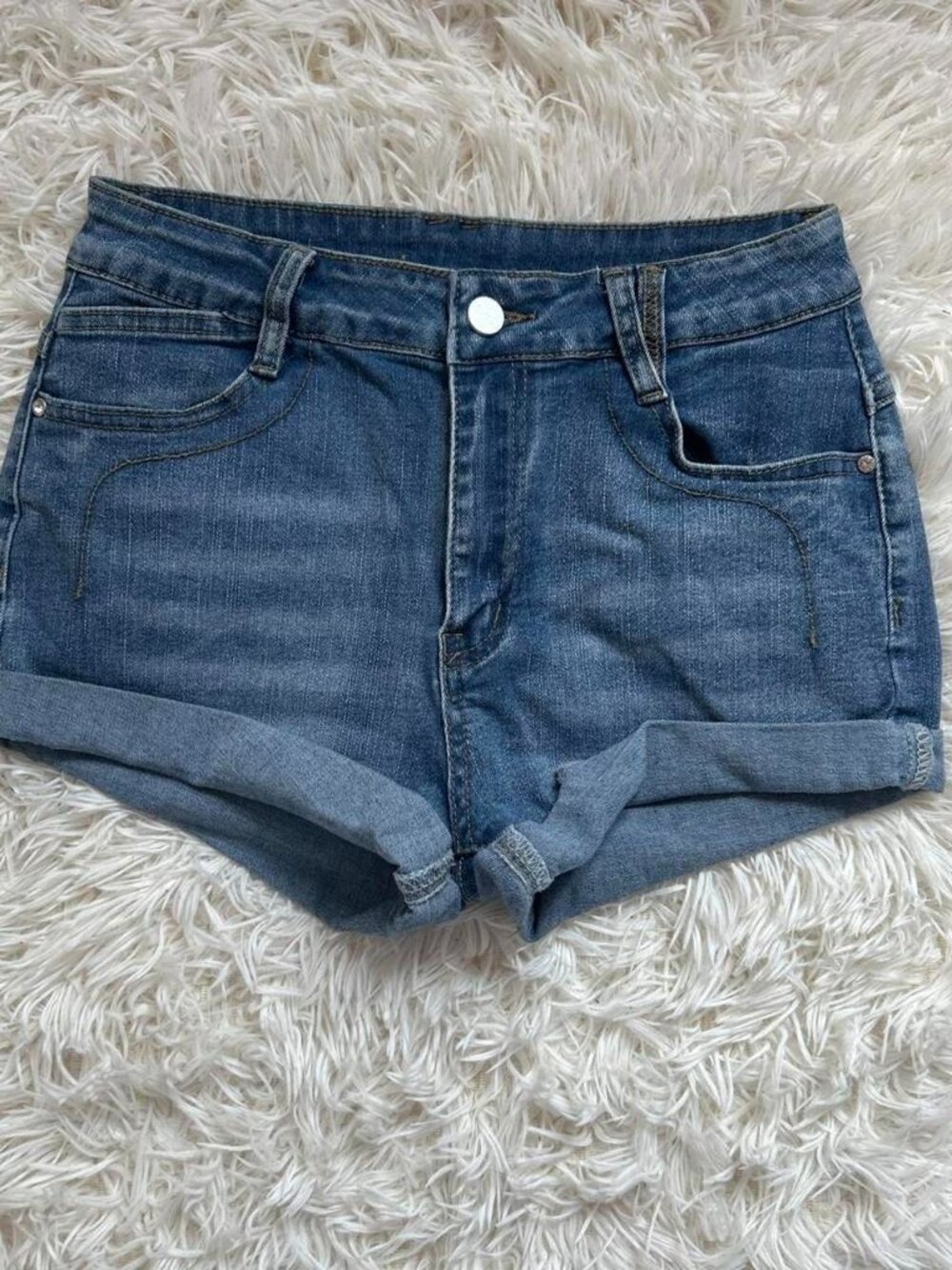 Dark Wash Faded Stretch Denim Mid Rise Jean Shorts